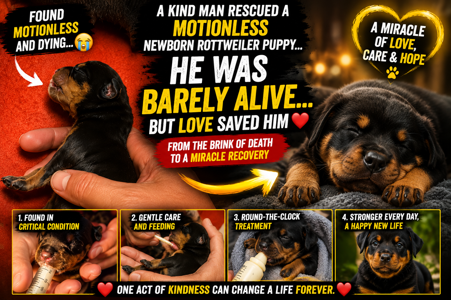 Miracle of Survival: The Weak Newborn Rottweiler Puppy That Came Back from the Brink of Death