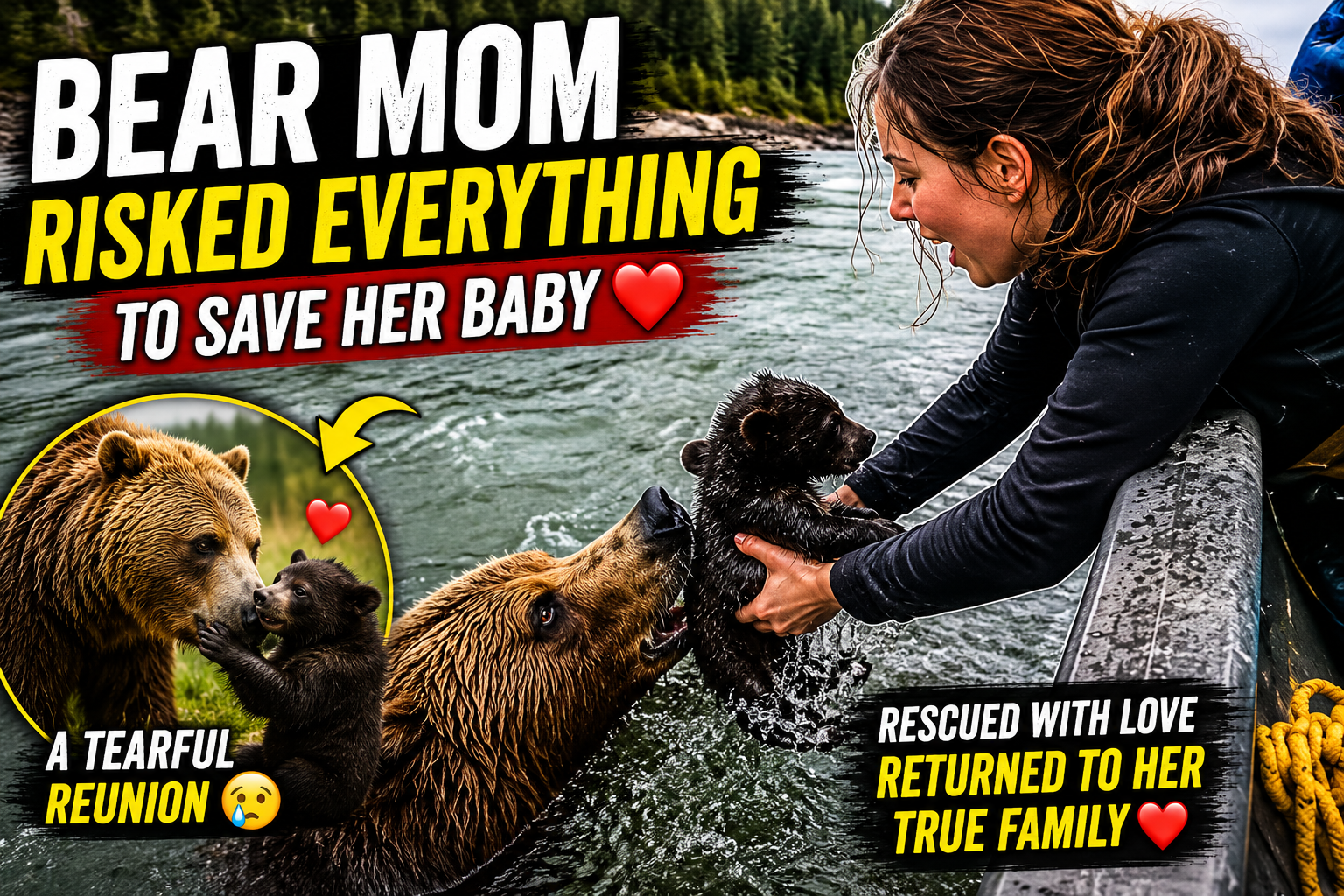 The Mother Bear’s Desperate Swim Through the Flood to Save Her Cub