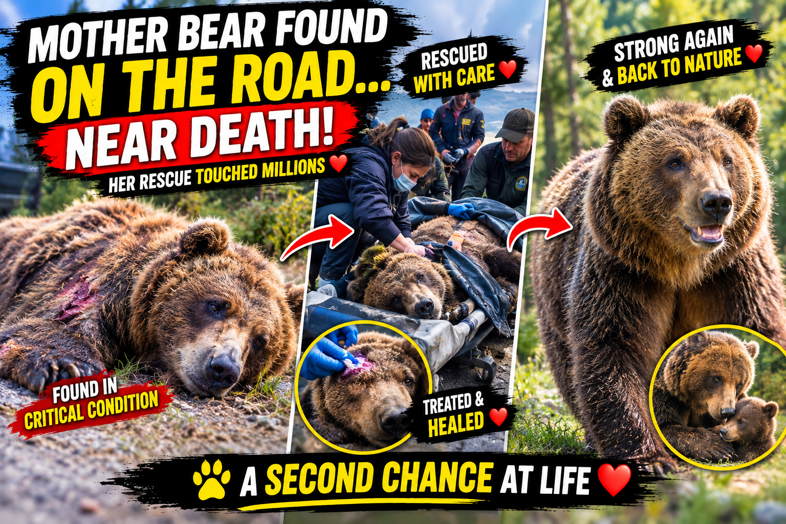 A Mother Bear Found Near Death on the Road — The Rescue That Gave Her a Second Chance