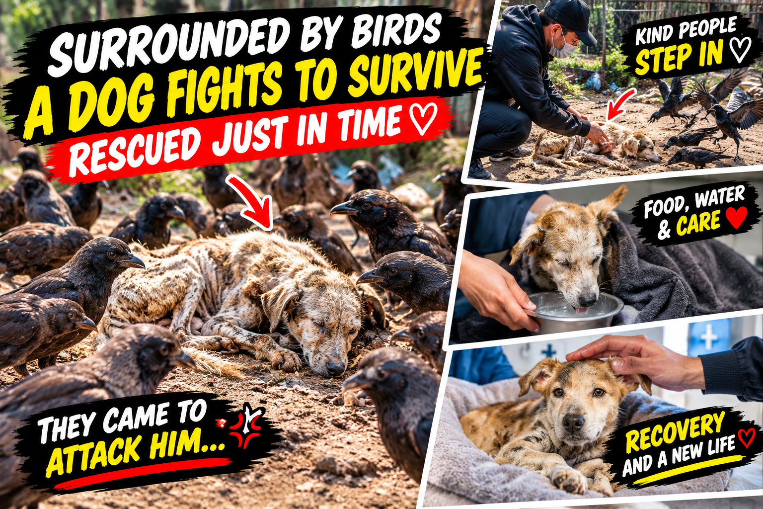 A Weak and Exhausted Dog Surrounded by Birds Is Given a Second Chance