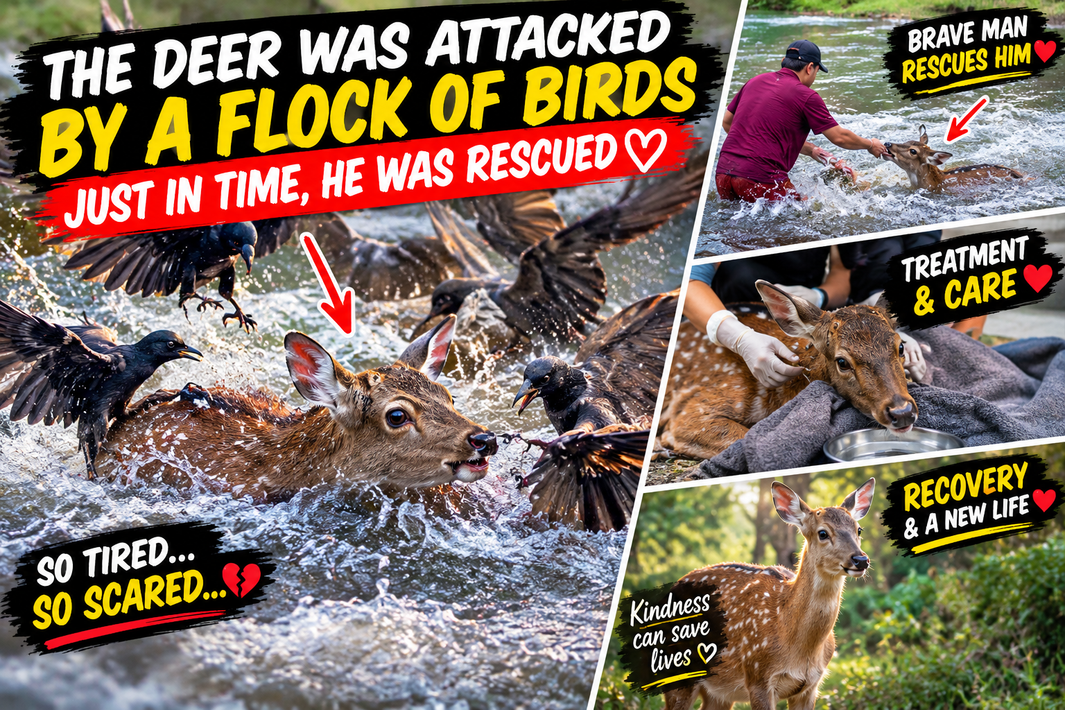 Exhausted Deer Attacked by a Flock of Birds Is Rescued Just in Time