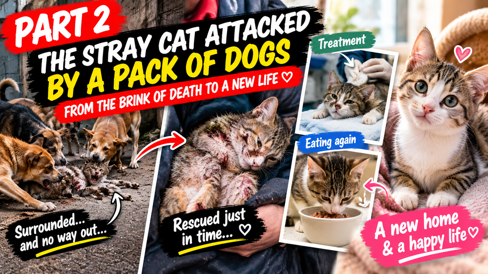 🐱 Part 2: The Stray Cat Attacked by a Pack of Dogs — From the Brink of Death to a New Life