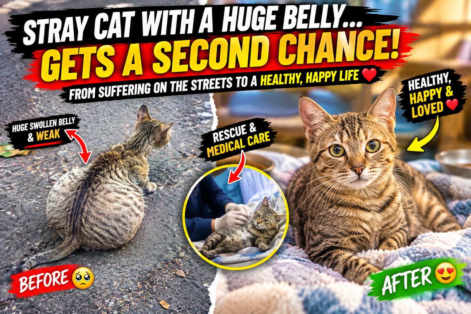 A Stray Cat With a Huge Swollen Belly Gets a Second Chance at Life
